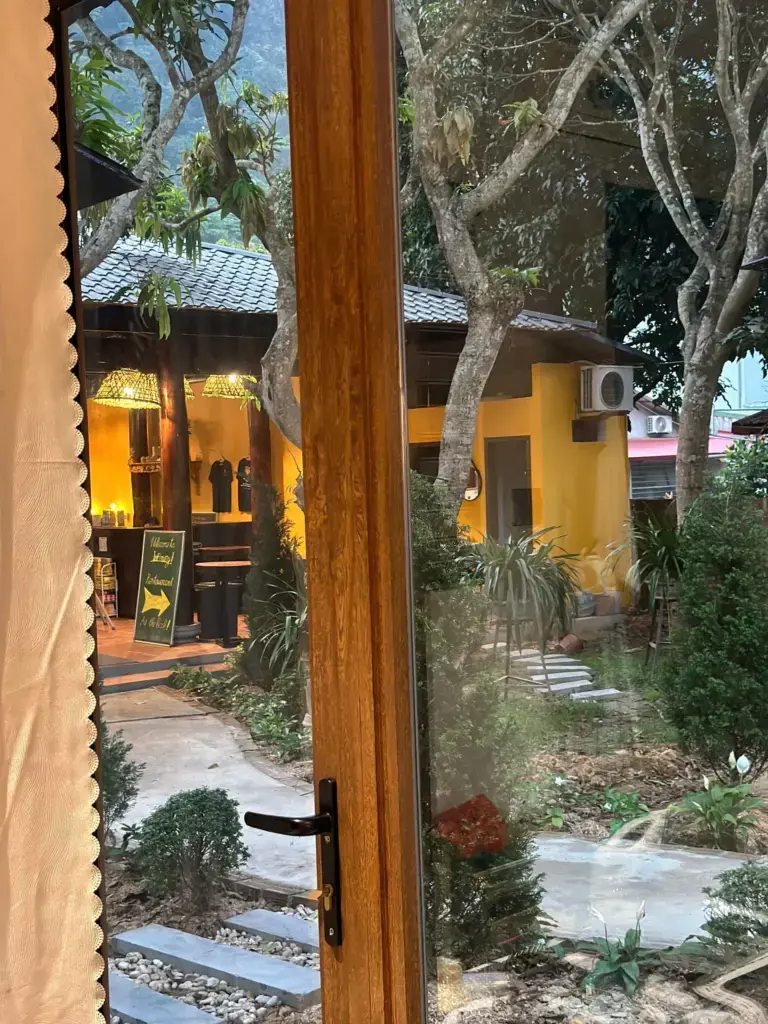 Evening view over the garden from a room